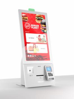 Modernes Self-Ordering-Terminal mit 21,5" Touchscreen, NFC-Zahlung & Echtzeit-Kassenintegration. Jetzt entdecken!